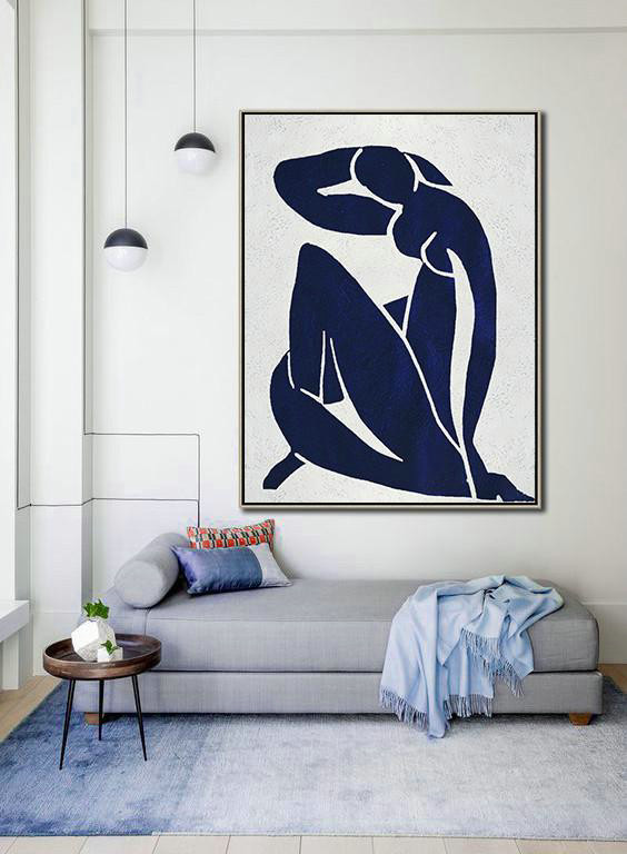 Buy Hand Painted Navy Blue Abstract Painting Nude Art Online,Hand-Painted Canvas Art #J5I8